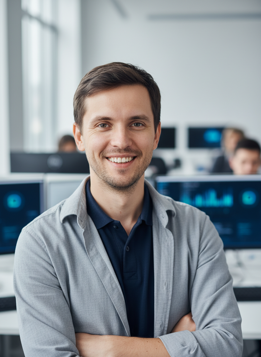 Professional Russian male team lead portrait in casual business attire